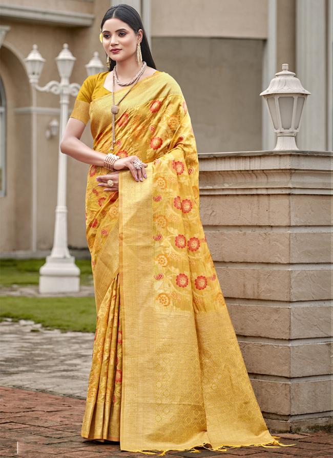 Organza Yellow Festival Wear Printed Saree